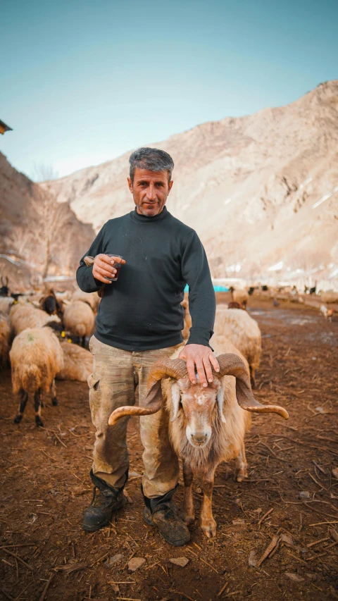 a man holding up his hand while standing with some long horned sheep