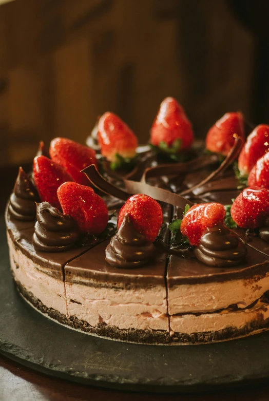 closeup of a large chocolate cake topped with fresh strawberries