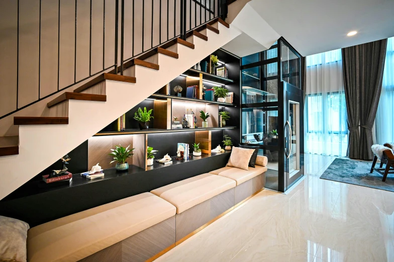 the stairs and open area of a large room in the house