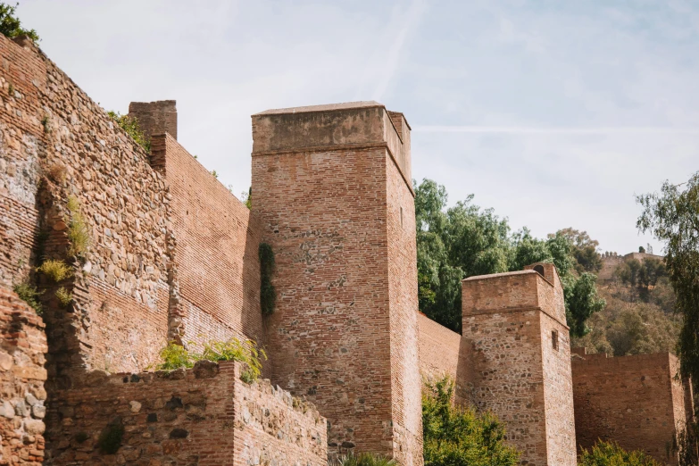 a castle like building with brick walls, some trees and bushes