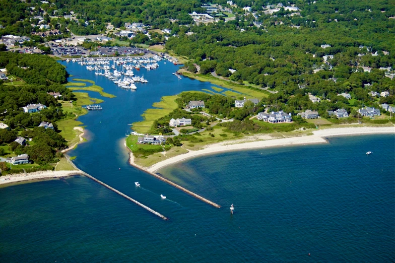 a large body of water near a small town