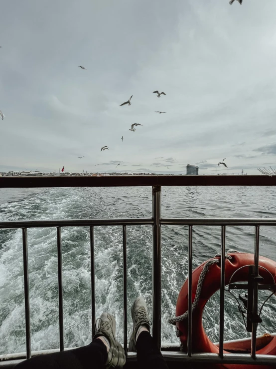 a ferry with lots of birds flying around and one in the distance