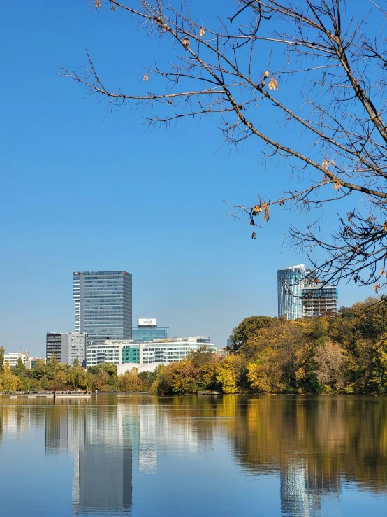 a city and river on a sunny day