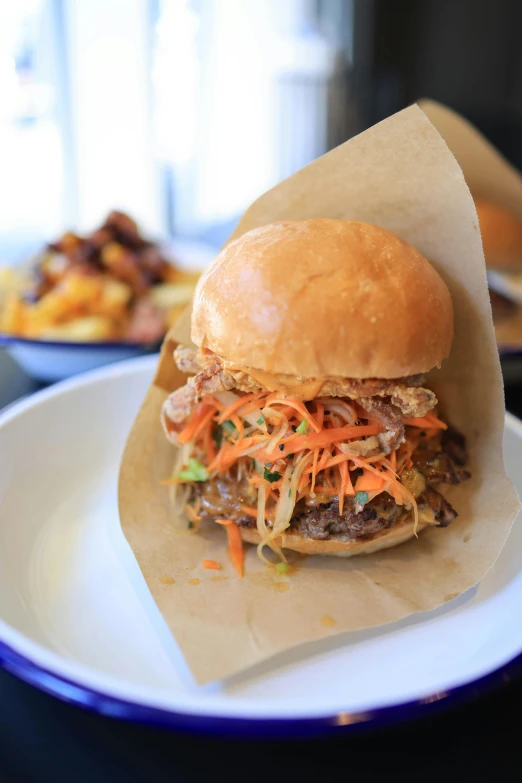 the pulled pork sandwich is served on paper