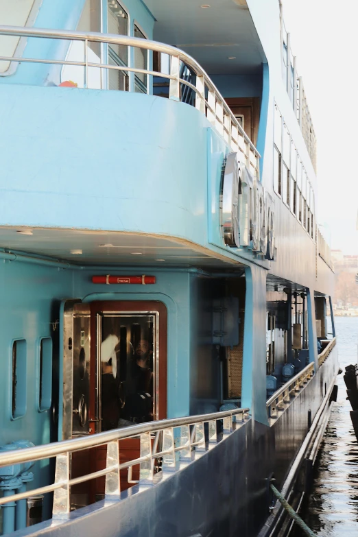 the top deck view of a blue boat on the water