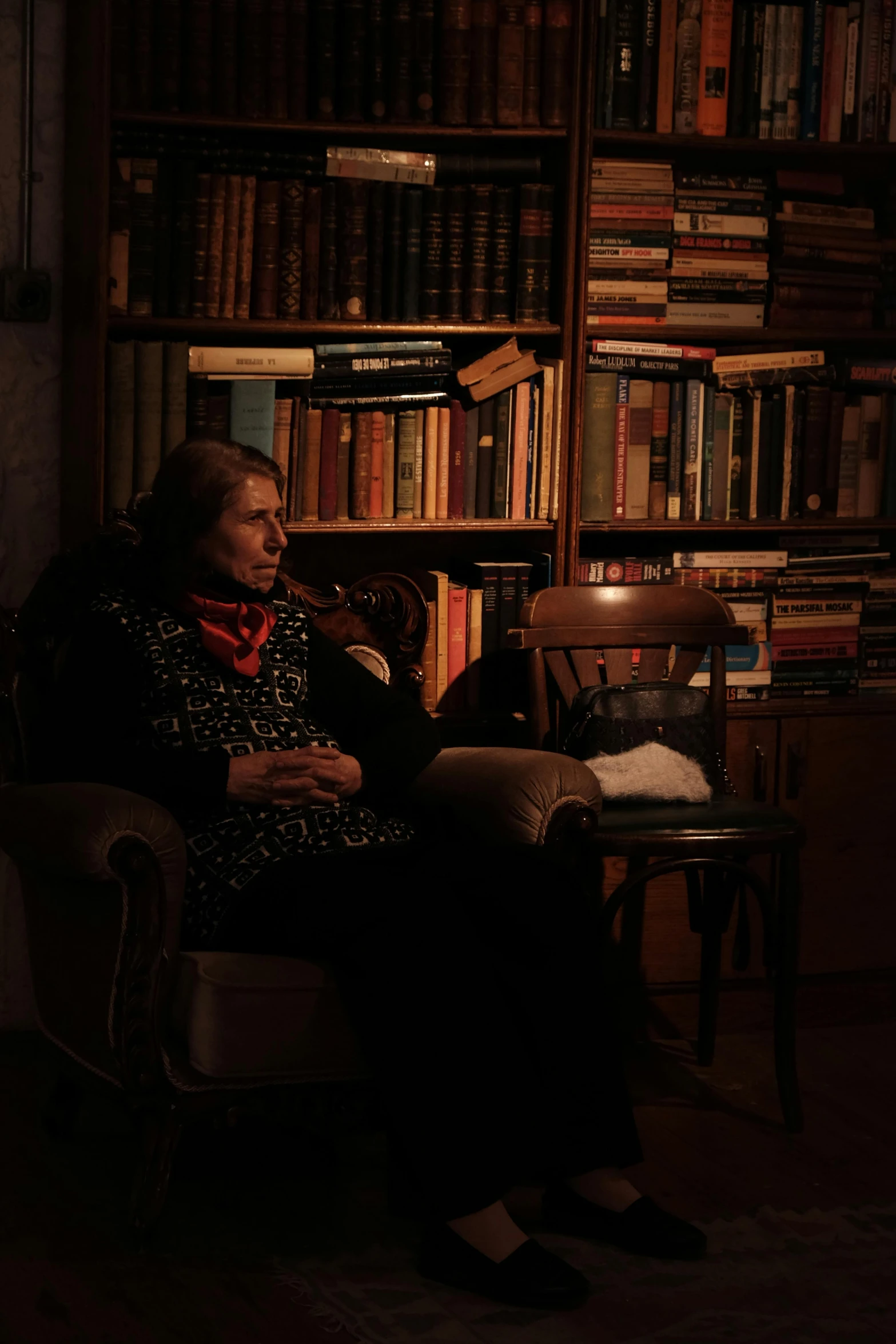 a lady sitting in a chair next to a bookshelf