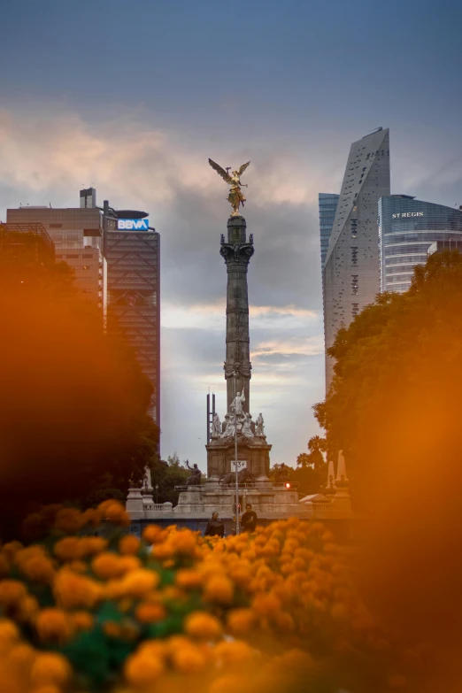 the statue stands at center of a city landscape