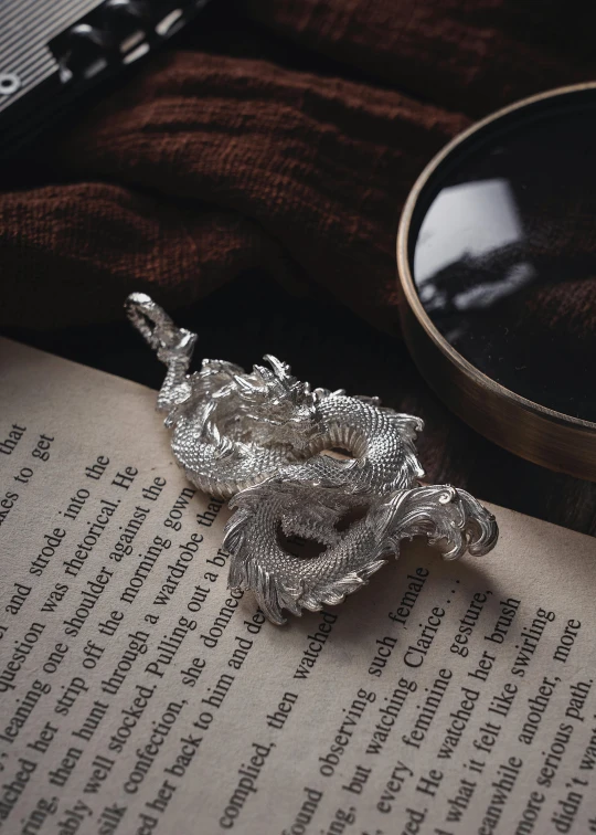 silver object lying on top of a book