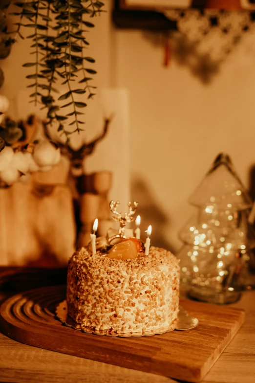 a small round cake with one lit candle on top