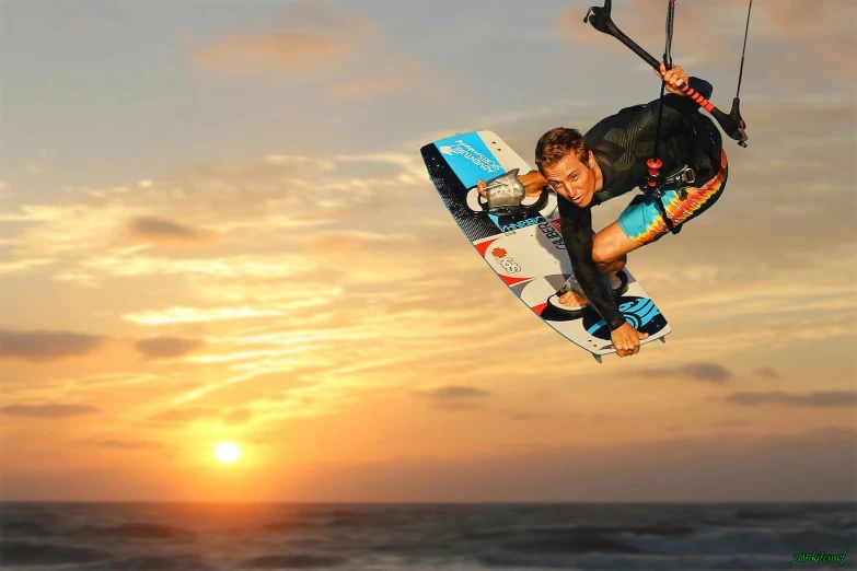 a person flying through the air while riding a surfboard