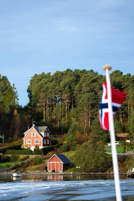 two red houses next to a large body of water