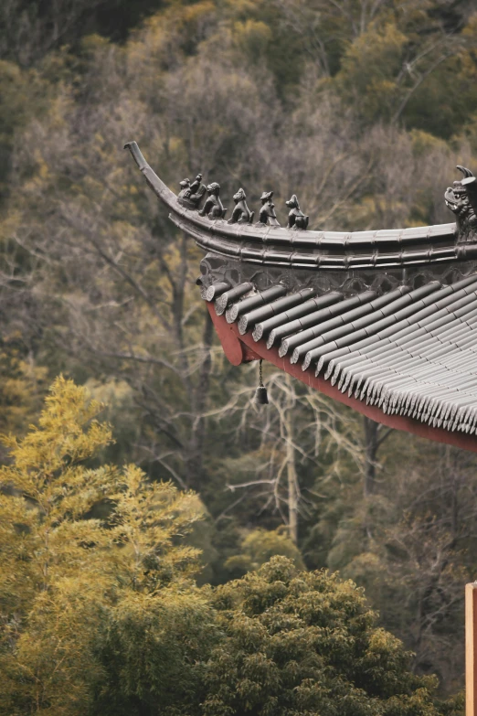 the roof is ornately painted and surrounded by trees