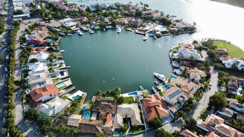 an aerial view of the city and its marina