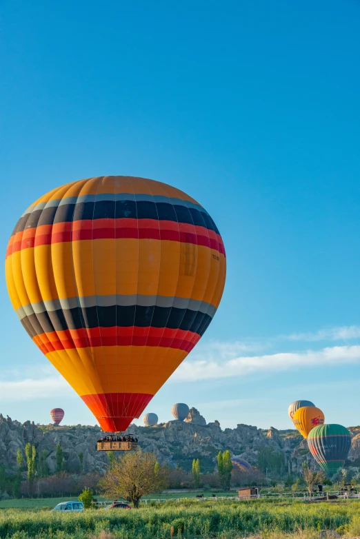 several colorful  air balloons in a field