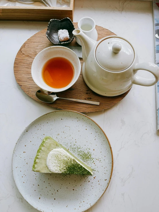 a table topped with plates of food and tea