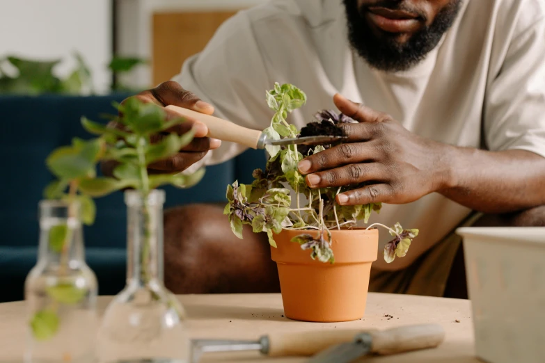 there is a man working with flowers on the table