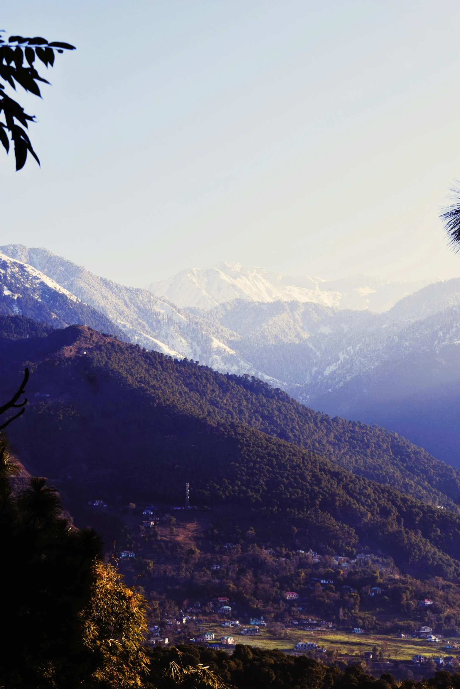 the mountains are covered in snow in the distance