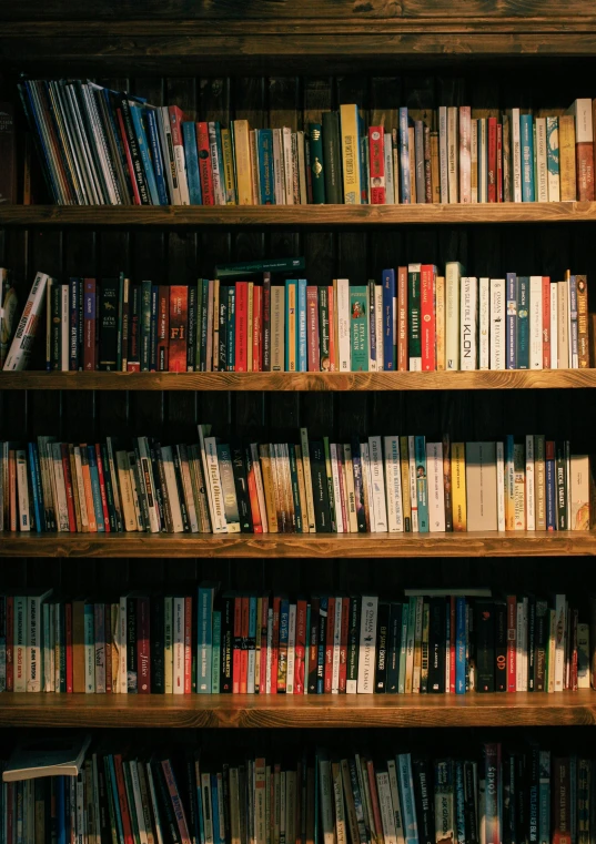 several books on wooden shelves filled with books