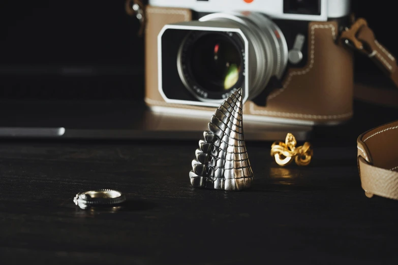 a camera sitting next to a small metal tree