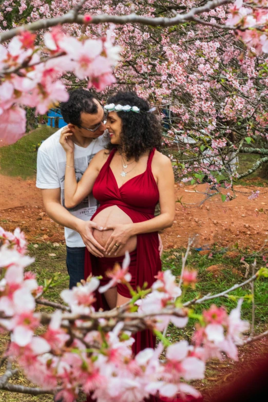 a couple hugging in front of pink blossoms on trees