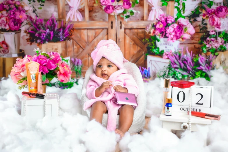 a baby girl sitting in the clouds in front of a backdrop with flowers