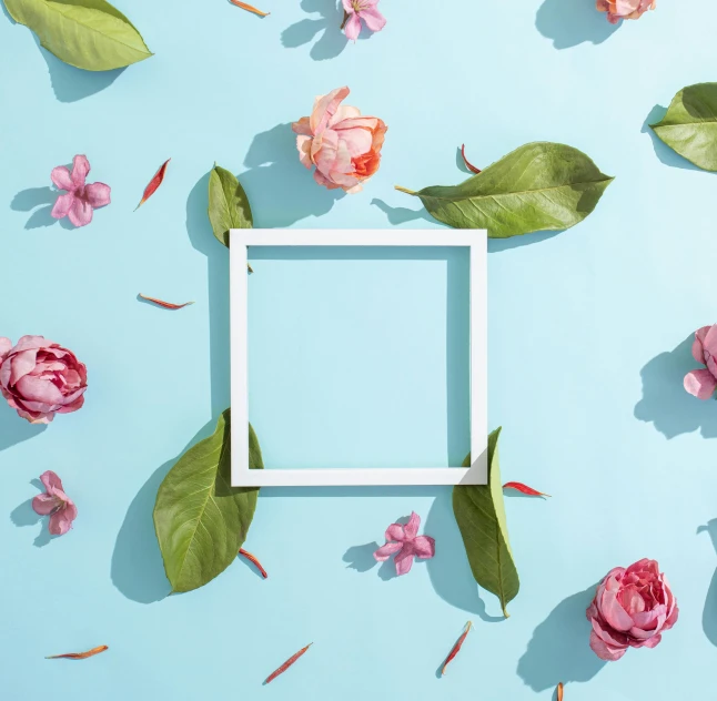 a frame surrounded by flowers on a light blue background