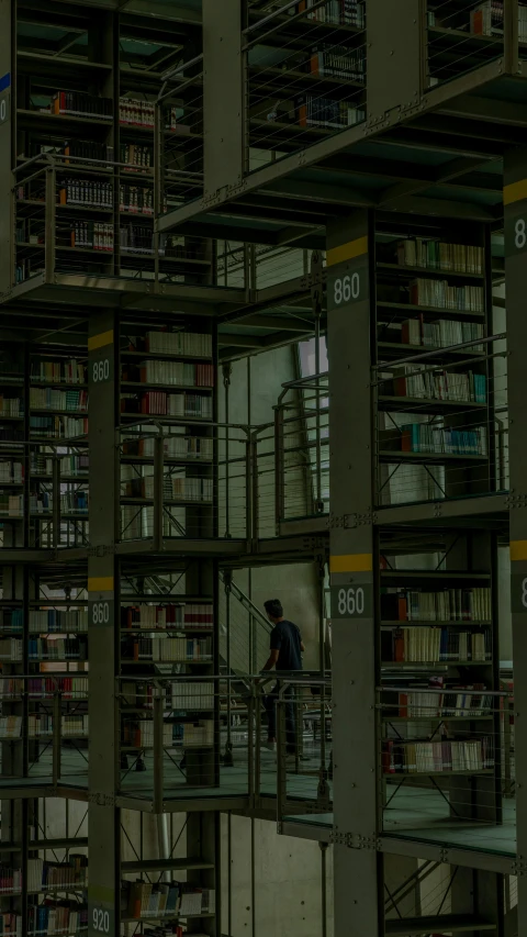 a man climbing up a ladder near a book shelf filled with books