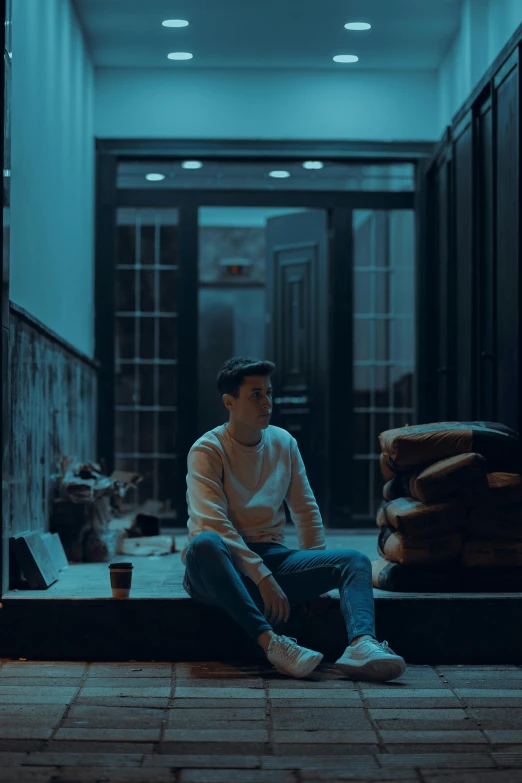 a young man sitting on the floor inside a room
