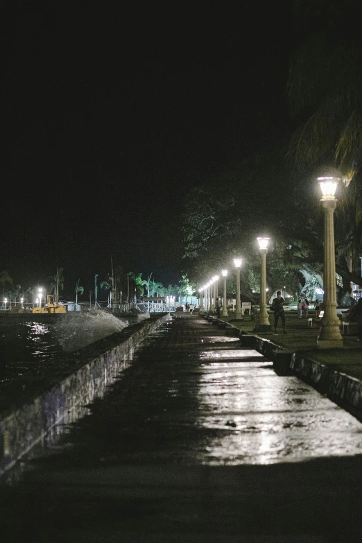 a walkway with lights lit up in the night