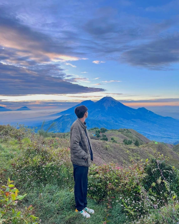 a man standing on top of a lush green hillside