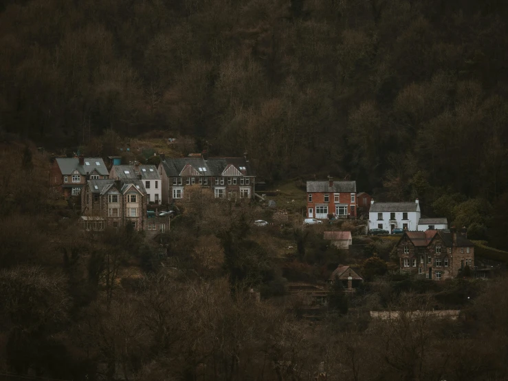 an over head po of buildings surrounded by trees