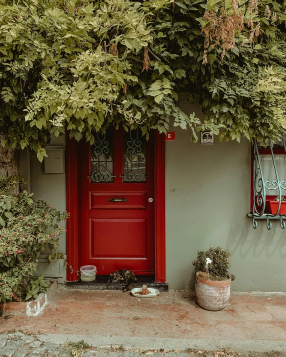 there is a red door and a planter outside the house