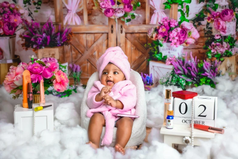 a baby sits on a blanket surrounded by flowers