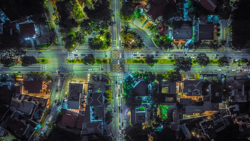 aerial view of busy street at night in city