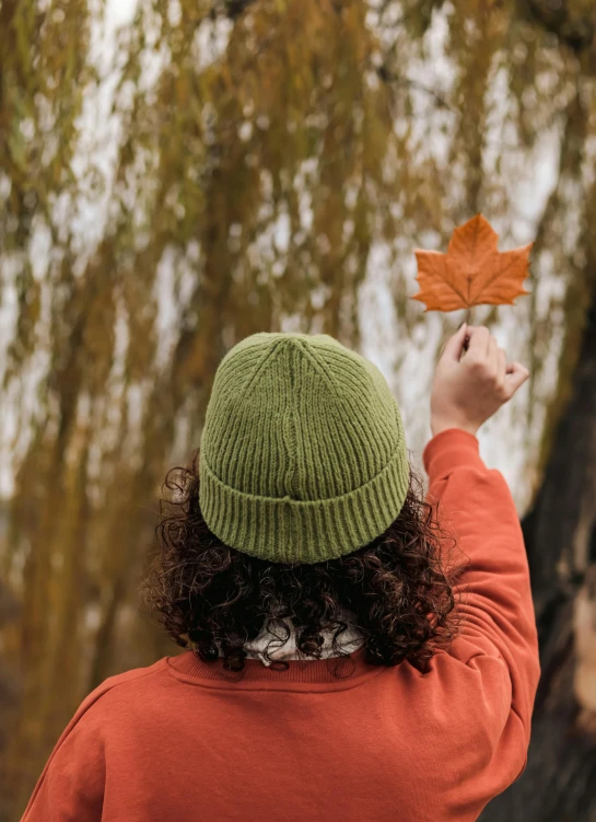 a man holds up a leaf in the air