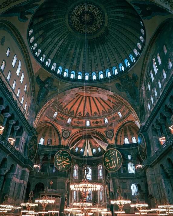 a ceiling with several big mirrors and lights in the middle