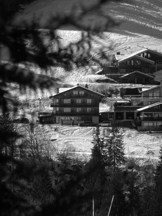 black and white po of snow covered ski resort