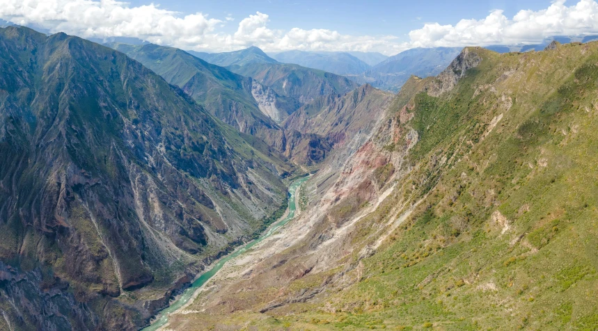 a very long wide view of a mountains with some water