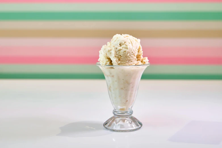 an ice cream sundae topped with white icing