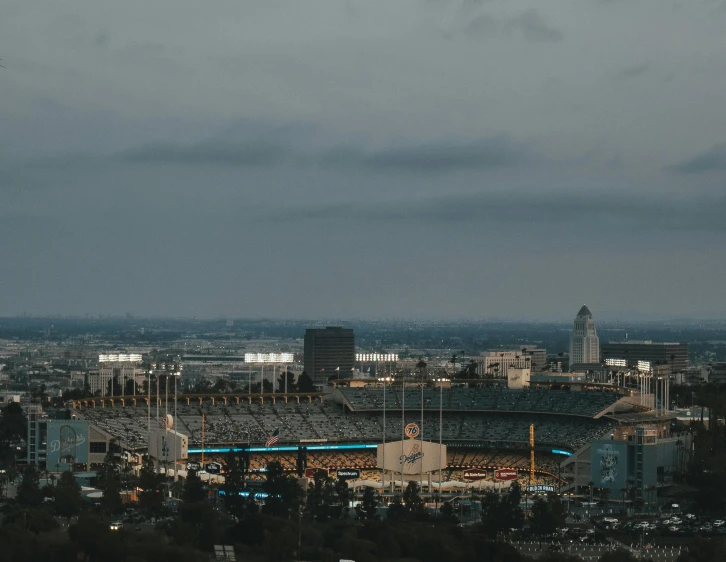 a view from a high building shows a huge stadium