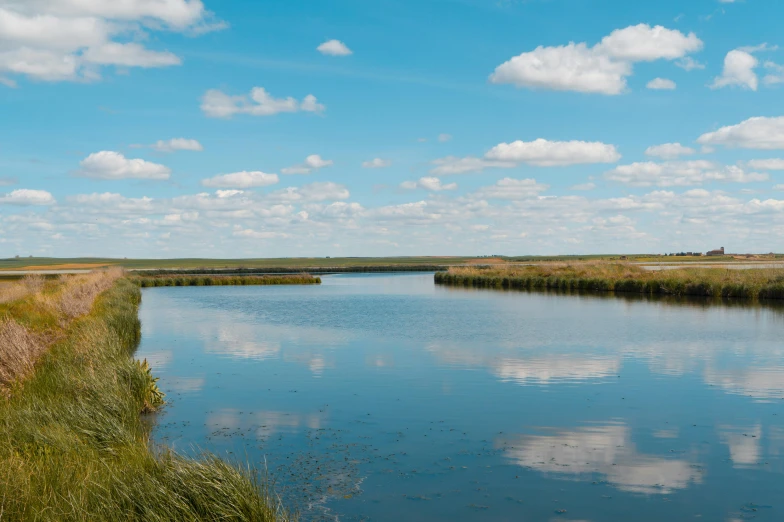 a body of water surrounded by grass and clouds