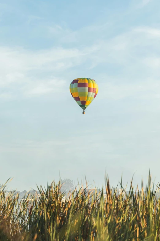 a balloon is flying high above a grassy field