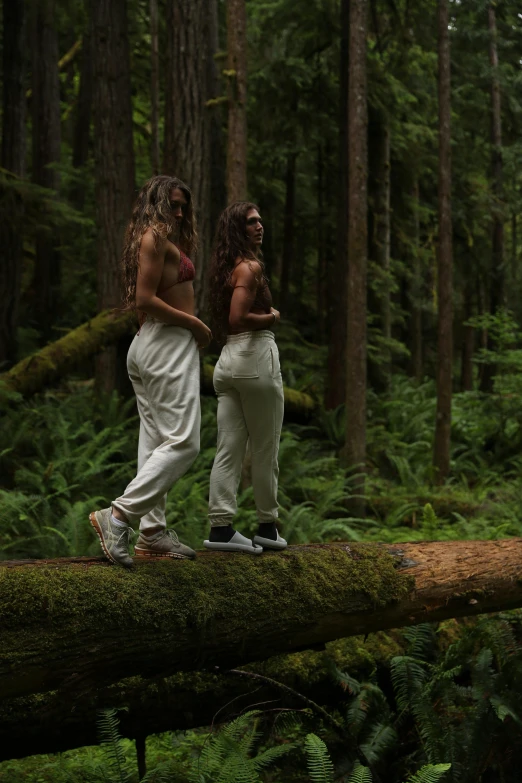 two women walk along on a log in the forest