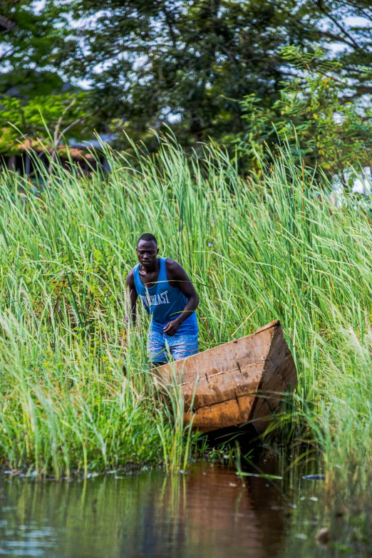 a man standing next to a boat on a lake