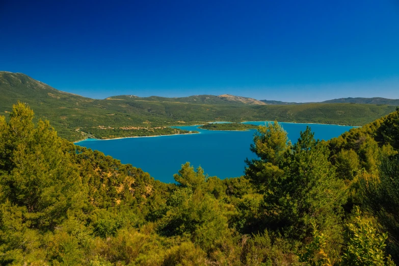 the view from atop a hill of the ocean and trees