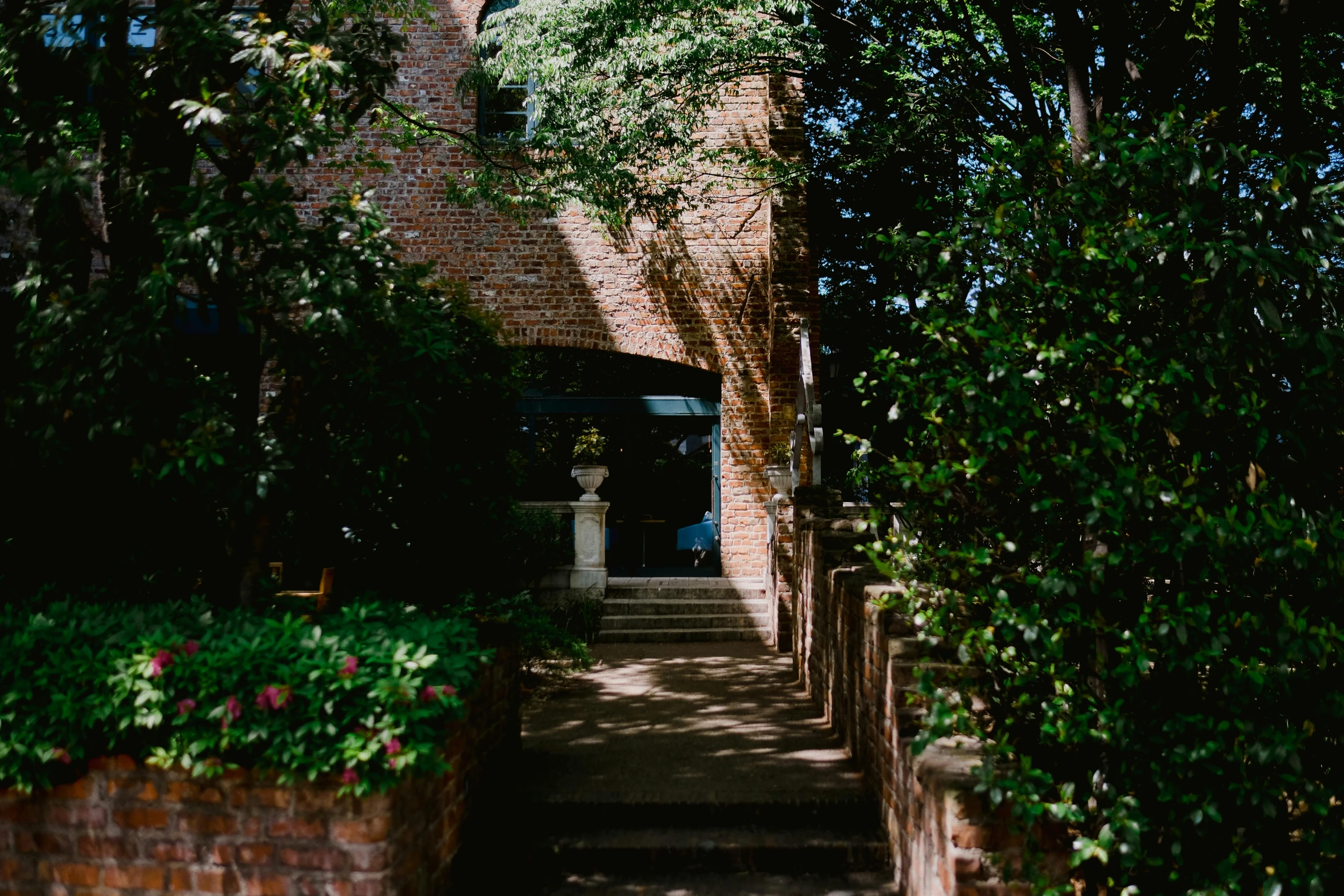 a long path leading through the woods to a building