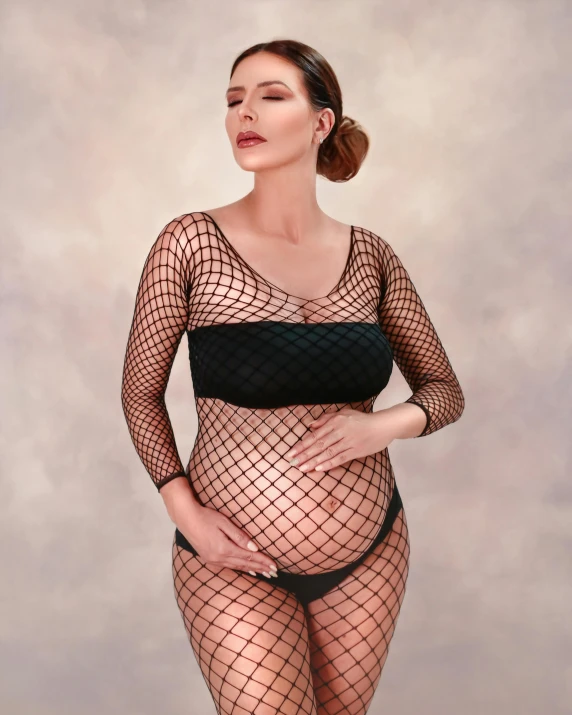 a  young woman in fishnet clothes posing