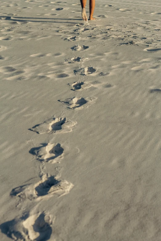 a person walking across a sandy beach next to a footprints