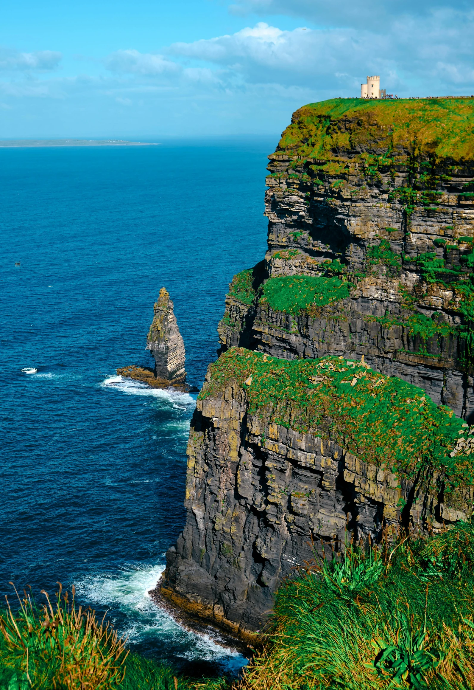 some water and green grass near some cliffs