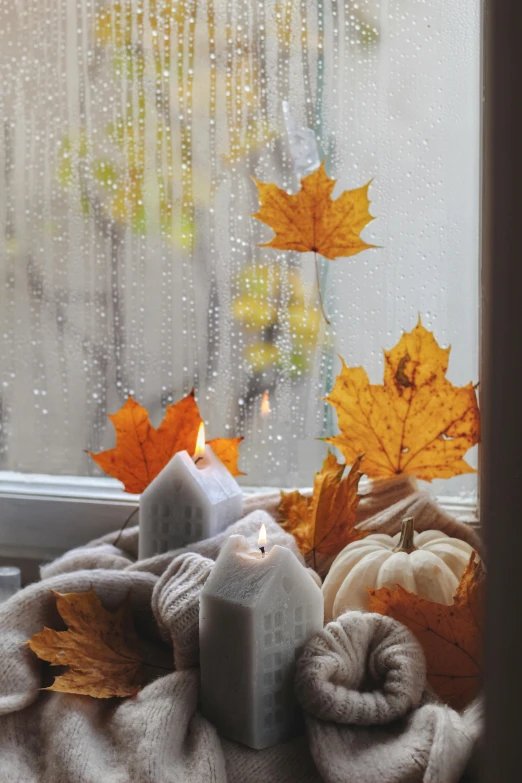 some candles are lit by an autumn window